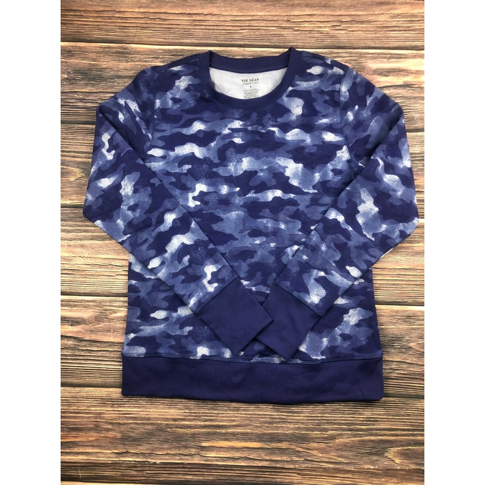 Tek Gear Sweatshirt Women Small Blue Camo Ultrasoft Fleece Crew‎ Neck Pullover